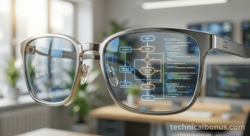 Sleek AR smart glasses displaying a holographic technical AI dashboard – technicalbonus.com