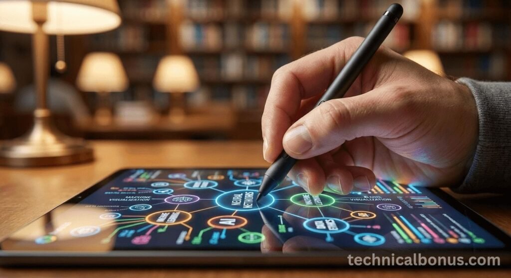 AI generated mind map and technical study notes on a tablet – technicalbonus.com