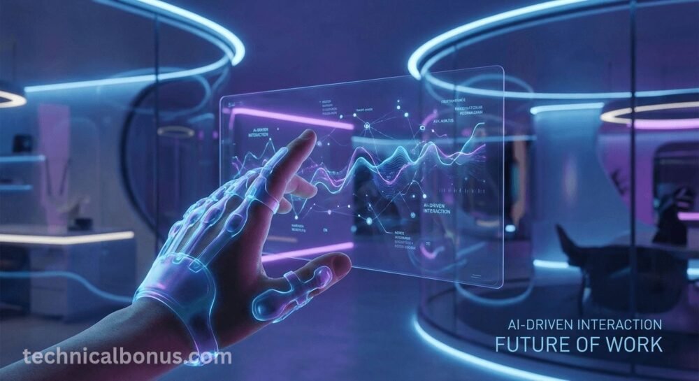 Top 5 AI Productivity Tools in 2026 – Human hand interacting with holographic interface – technicalbonus.com