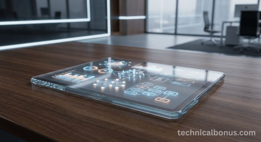 Futuristic AI data visualization on a transparent tablet – technicalbonus.com