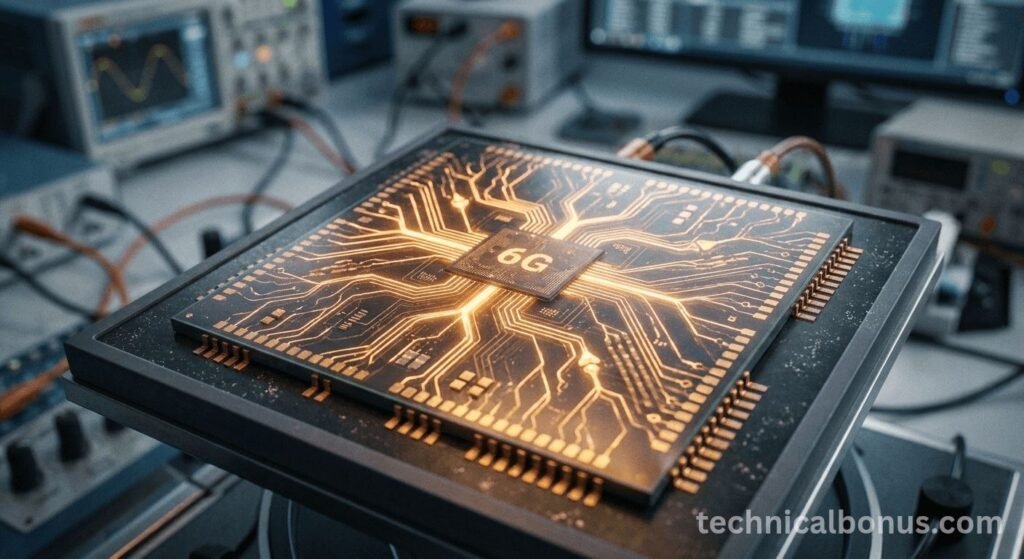 Macro shot of a next-generation 6G modem chip with neural circuitry – technicalbonus.com
