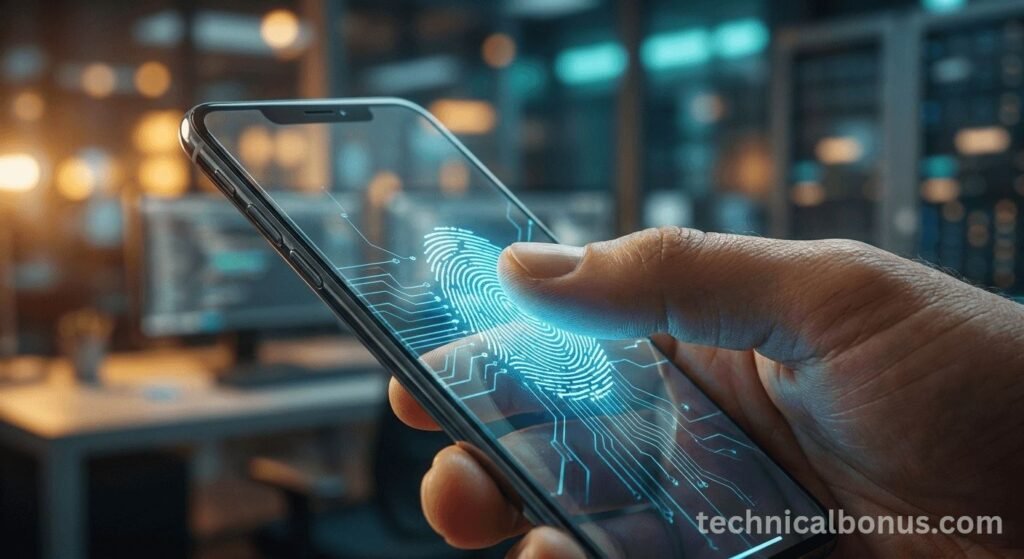Human thumb using biometric passkey scanner on a futuristic smartphone – technicalbonus.com