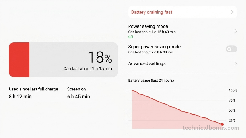Smartphone battery usage statistics showing screen-on time and power saving mode settings – technicalbonus.com
