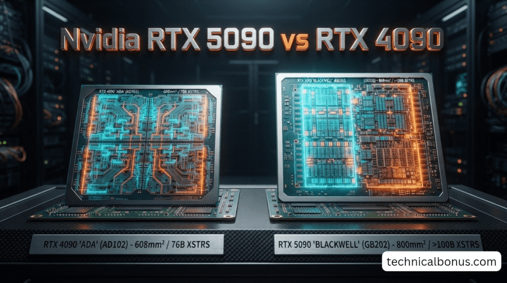 Nvidia RTX 5090 vs RTX 4090 GPU comparison with 2nm Blackwell die architecture