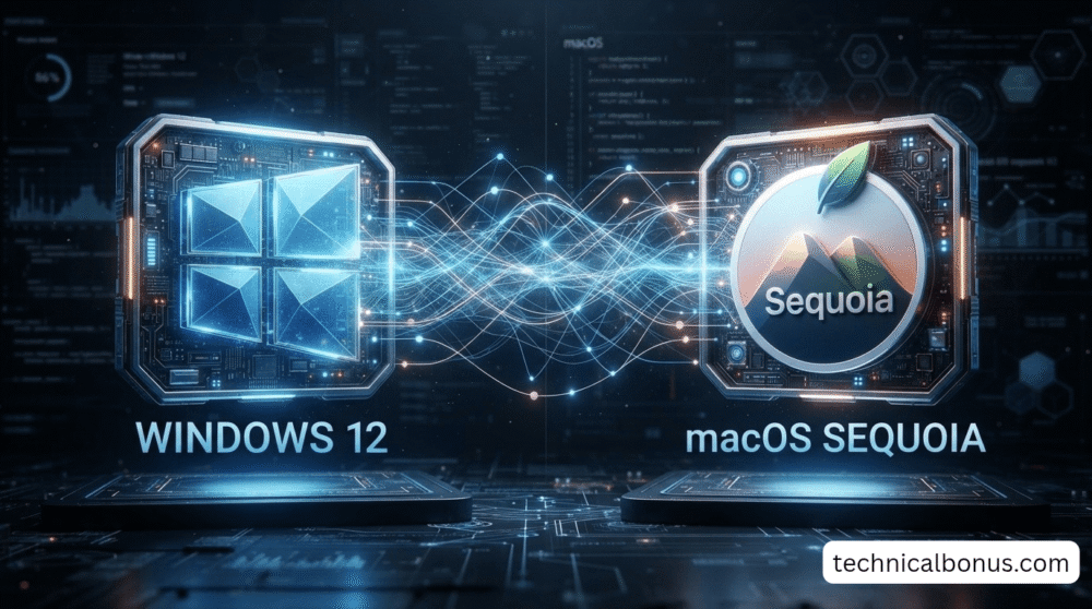 Windows 12 vs macOS Sequoia AI technical comparison and logo