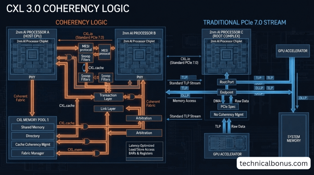 CXL 3.0 vs PCIe 7.0 Data Throughput Logic Diagram