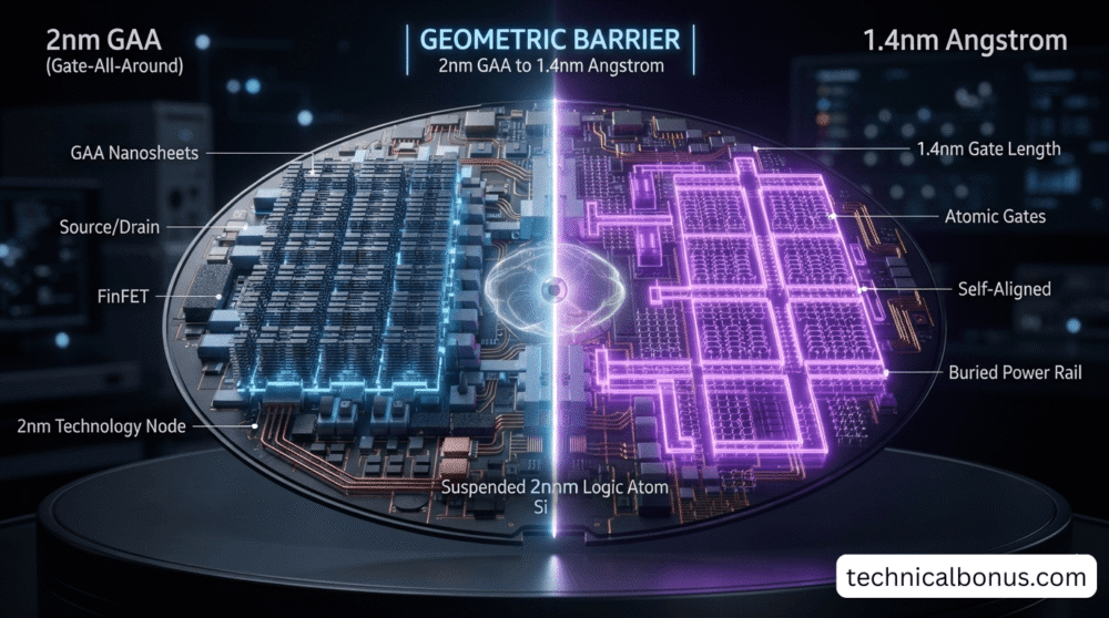 1.4nm vs 2nm GAA semiconductor manufacturing and silicon wafer logic comparison.