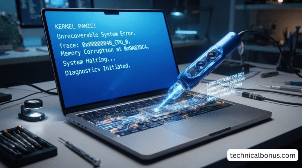 A cinematic technical visualization of a 2nm laptop screen displaying a "Kernel Panic" blue-screen. A glowing sapphire "Neural Repair Tool" is scanning the silicon, with data streams labeled "Logic Restoration 2026" flowing through the motherboard. 8k resolution, photorealistic, sharp focus on the "Kernel-to-Silicon Fix."